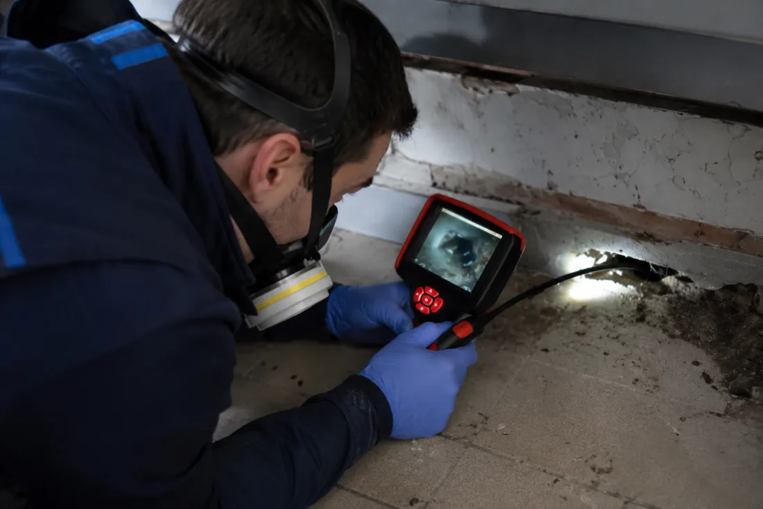 Technicien Track Nuisibles inspectant un passage de rongeurs à la caméra endoscopique