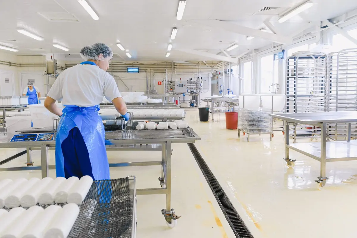Laboratoire de découpe de viande : tables inox et personnel en tenue réglementaire