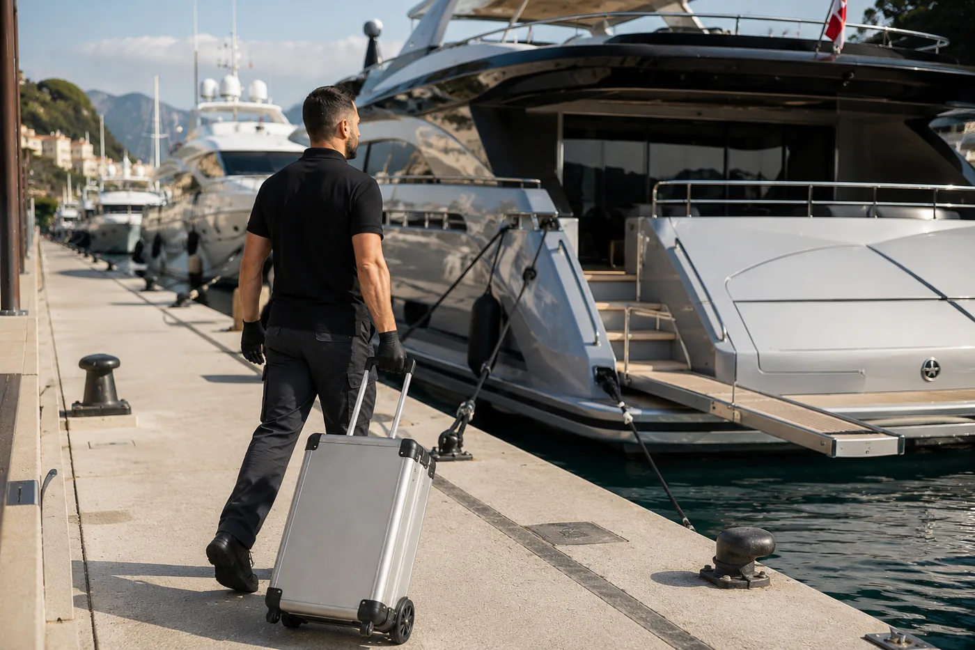 Technicien en tenue neutre, mallette d'intervention à la main, remontant le quai vers un yacht